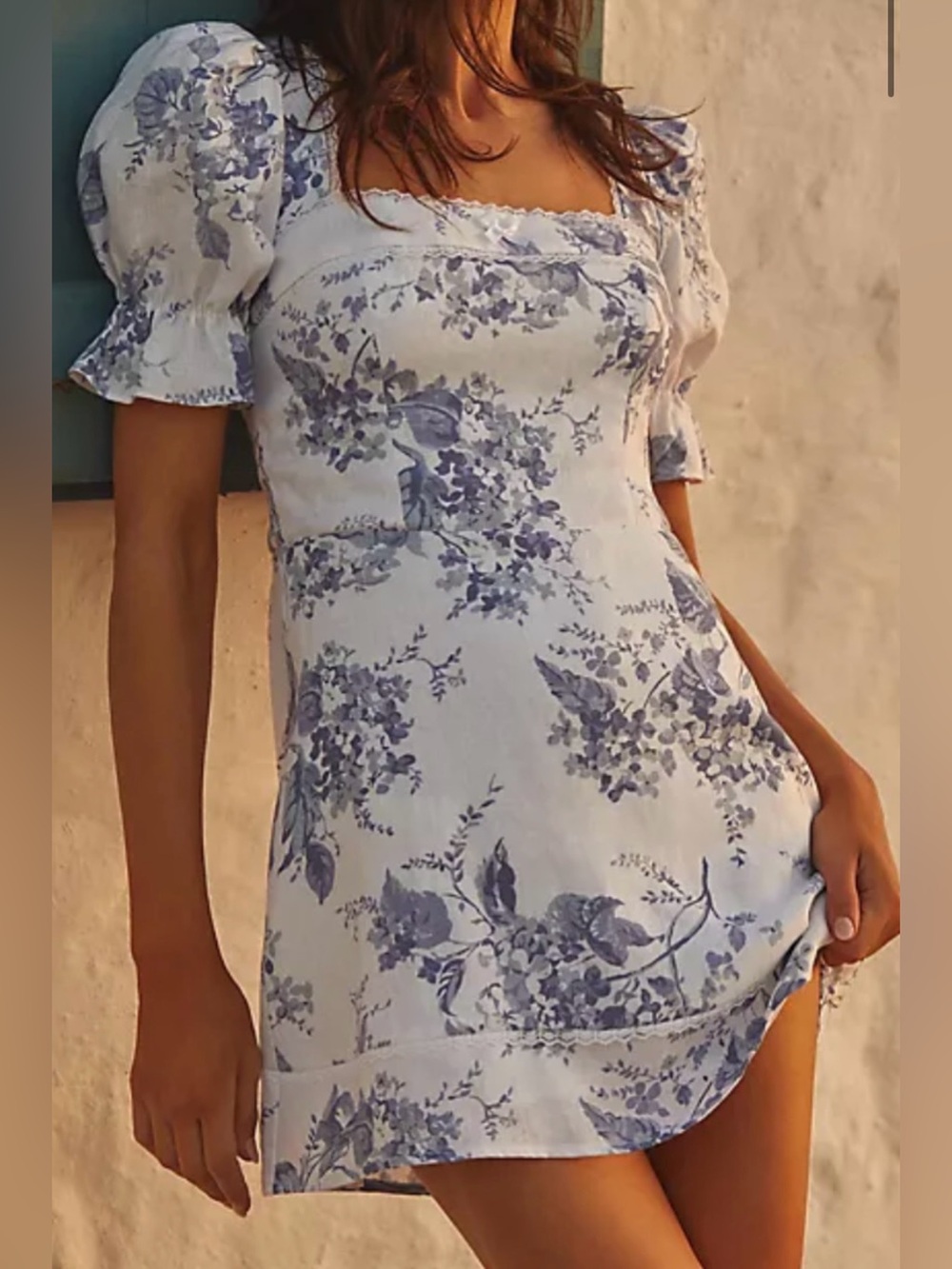 Reformation Evianna Floral Square Neck Puff Sleeve Mini Dress - Blue/White